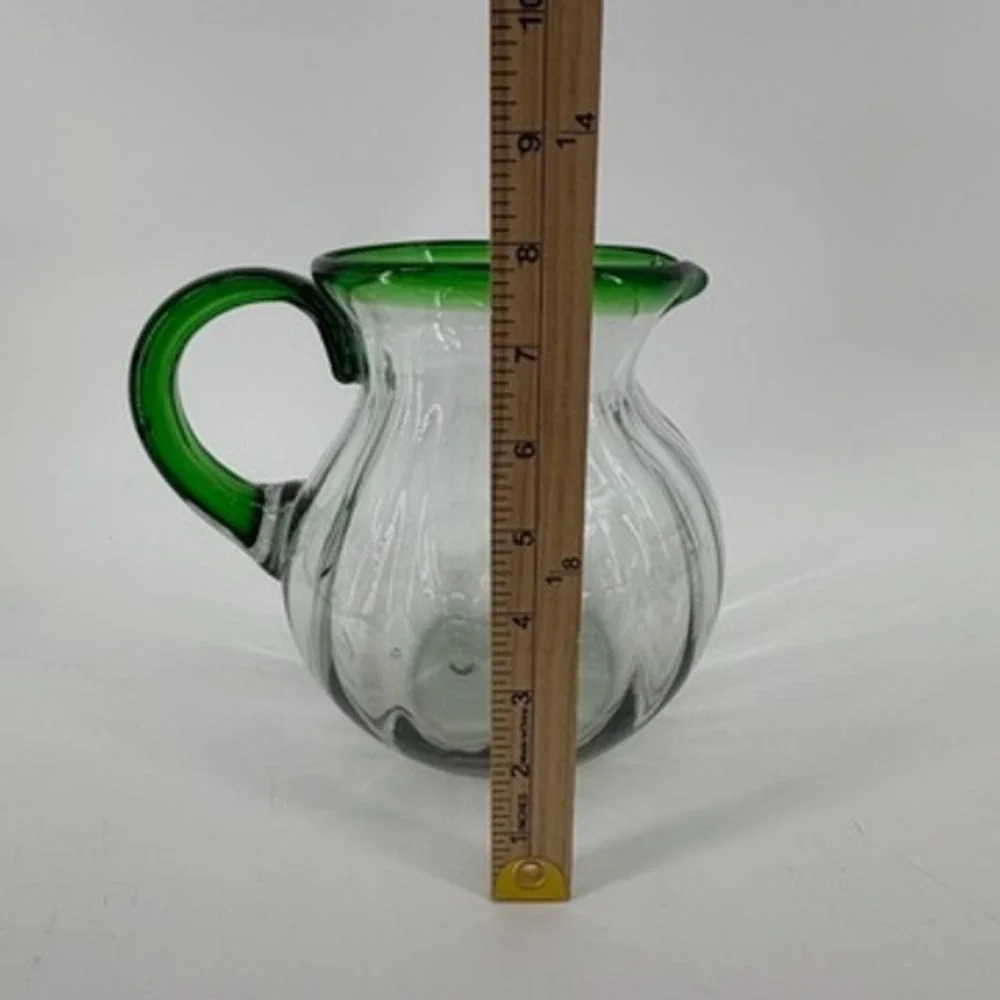Hand Blown Optic Ribbed Glass Pitcher Green Rim and Handle Seeded Please read